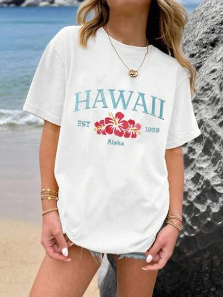 Tween Girls' Casual Floral & Hawaii Letter Print Short Sleeve Round Neck T-Shirt, Fashionable Vacation Style, Suitable For Daily Outings And Holidays Hawaii T-Shirt Summer Holiday