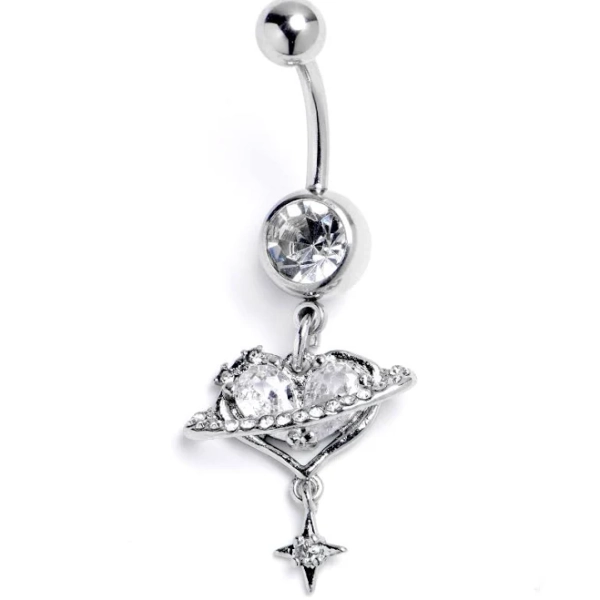 Body Candy Stainless Steel Starry Heart Dangle Belly Ring with Clear CZ