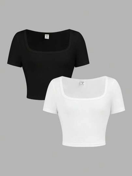 SHEIN Girlism 2pcs/Set Tween Girls' Solid Black & White 2 Colors Fitted Cropped Short Sleeve T-Shirt