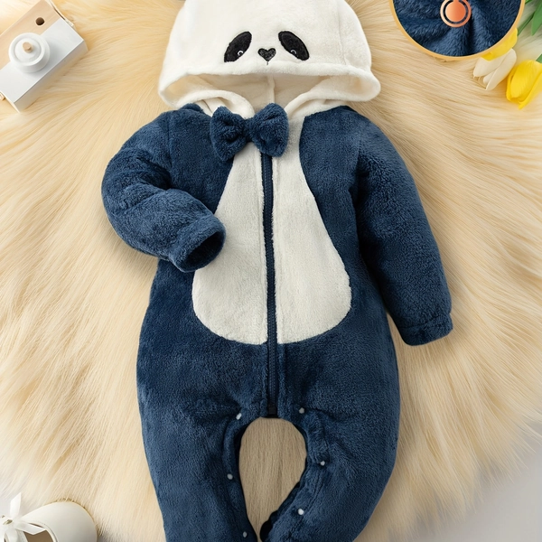 Adorable Panda Design Baby Girl Hooded Romper - Navy Blue Plush Fabric, Soft & Cozy with 3D Panda Face & Bow Tie, Easy Snap & Zipper Closure, Mid-Length Long Sleeves, Perfect for Fall/Winter Home & Outdoor Wear, Baby Girl Outfit, Playful Babywear, Durable Snap Buttons, for Outdoor, for Seasonal Fashion, Baby Outfit, for Convenient, with Zipper, Baby Keeps Gift, Baby Doll Clothes, Gift for Outdoor