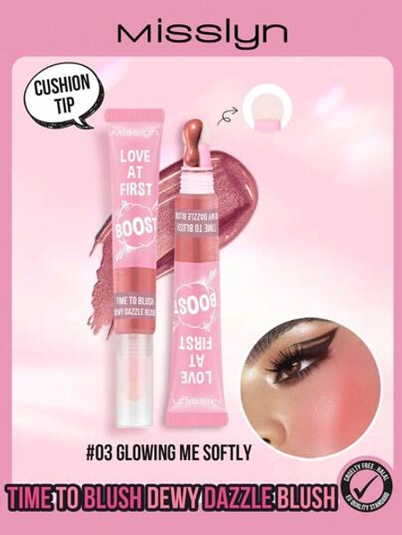 Misslyn MISSLYN-Love At First Boost! Time To Blush Dewy Dazzle BLUSH, Cushion Tips Liquid Blush, Buildable & Blendable, Sheer Colors, Natural-Looking Finish, Skin Loving Formula, Enriched With Moisturing Ingredients, Brighten And Soften Skin, Y2K Makeup Party Beach Travel Holiday Camping Outdoors