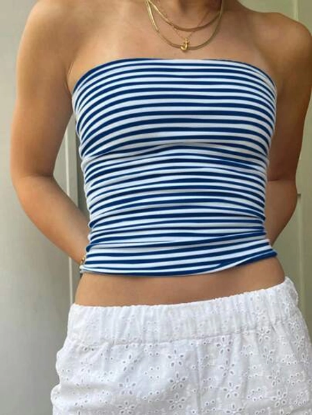 INAWLY Casual Striped Print Bandeau Tube Top For Summer
