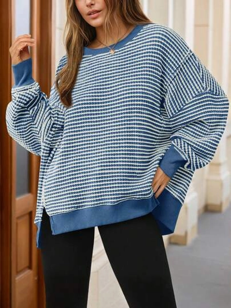 Fisoew Women's Fall Y2K Oversized Outdoor Sweatshirt, Casual Waffle Knit Long Sleeve Top, Split Hem Tunic Pullover For Hiking Camping Aesthetic