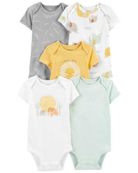 Pack cinco bodies de algodón, manga corta, estampados — Carters PY