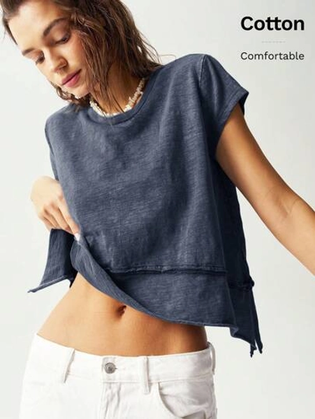 Bohemela Women's Casual Solid Color Knit Crew Neck Asymmetrical Hem T-Shirt Cropped Tops Summer Tops Casual Tops Comfy Tops Distressed Tops