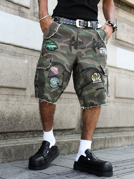 Men's summer denim shorts. Camouflage - colored workwear patch denim shorts. Street fashion. Street retro hip - hop casual style - AliExpress 200000343