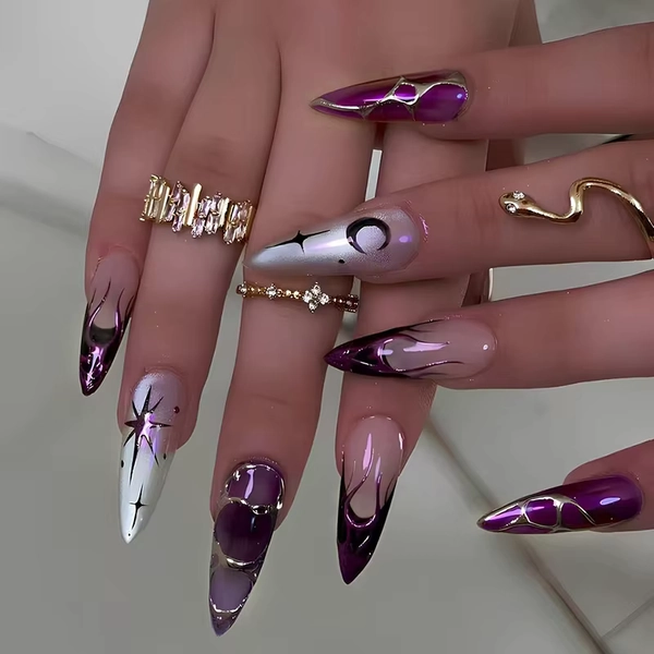 24pcs Black Stiletto Press on Nails Y2k Cat's Eye Design Manicure Pearl Starlight Long Almond False Nails Tip Wearable Fake Nail - AliExpress 
