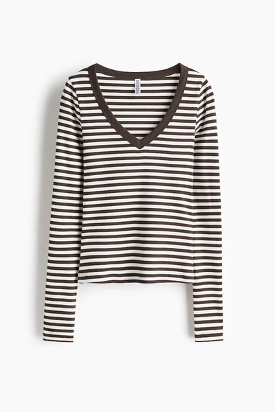 V-neck cotton top - Brown/White striped