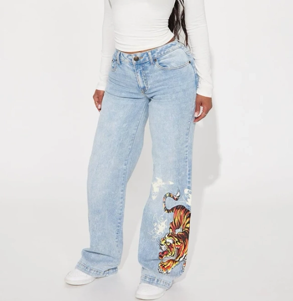Fashion Nova Women's Ed Hardy Crawling Tiger Stretch Wide Leg Jeans