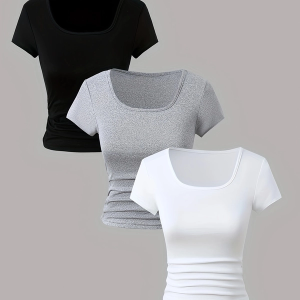 3pcs Girls' Slim-Fit Short Sleeve & Long Sleeve T-Shirts - Round Neck Casual Layering Tops with Smooth Texture, Soft Knit Fabric in Black/Grey Heather/White | Machine Washable Spring Summer Fall Casual Attire | Minimalist Wardrobe Essentials for Layering & Standalone Outfits