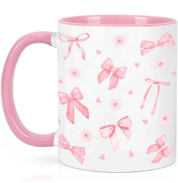 Coquette Pink Bow Mug, Pink Ribbon Mug for Girls, Cute Girly Accent Mug, Cute Coffee Cup for Women, Girly Bows 11Oz 15Oz Drinkware Beverage