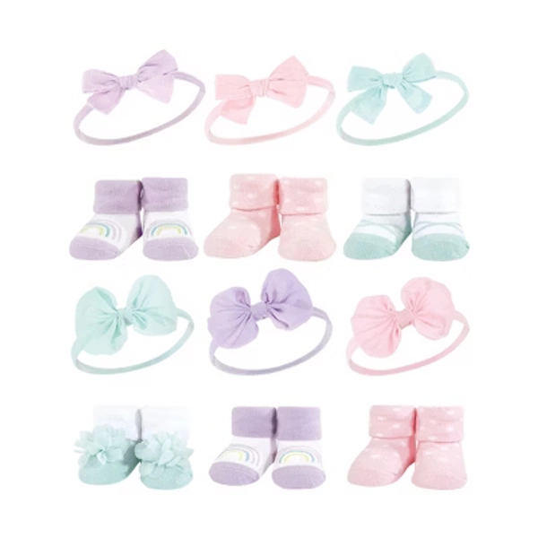 Hudson Baby Infant Girl 12Pc Headband and Socks Giftset, Purple Mint Rainbow Purple Mint, One Size