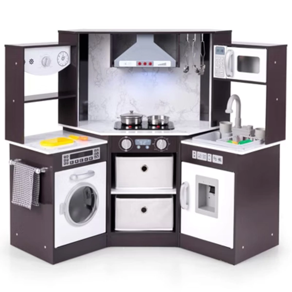 Costway Wooden Kids Play Corner Kitchen with Realistic Lights & Sounds Lighted Range Hood Brown