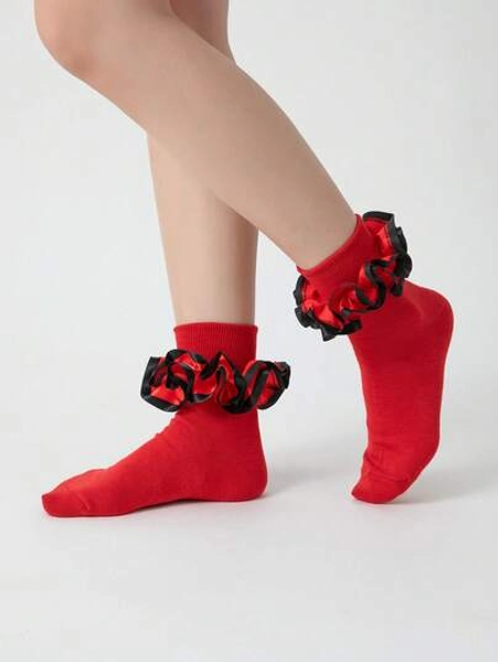ROMWE Kawaii Women's Plain Ruffled Mid-Calf Socks - Size one-size