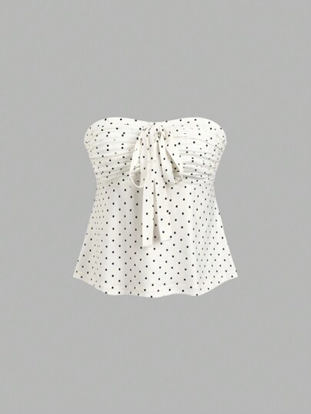 Sweetra Valentine's Day Romantic Polka Dot Bow Knot Pleated Bandeau Top