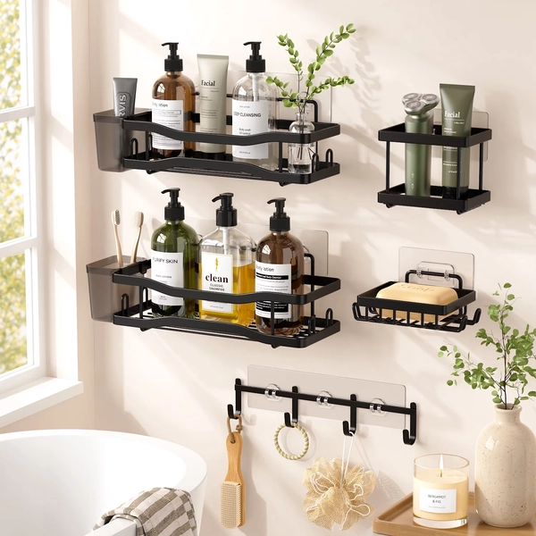 TINANA 7 Pack Shower Caddy Set, No Drill Bathroom Organizer Shelves with Soap Dish, Razor and Hook Rack, Heavy Duty Black - Walmart.com