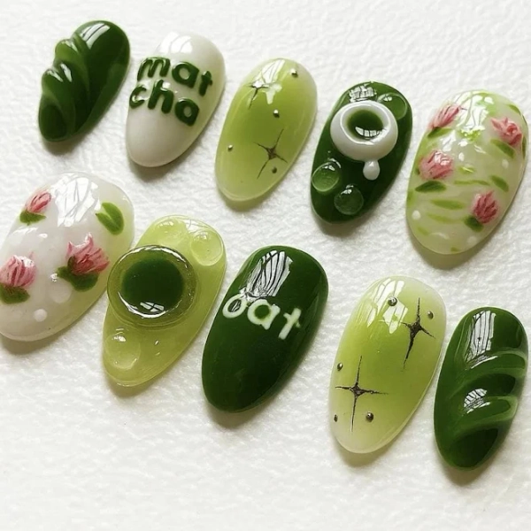Handmade Matcha Press On Nails: 3D Kawaii Green Tea Nail Art