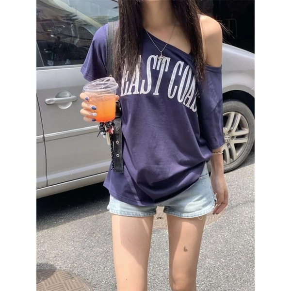 Y2K American Style Off-Shoulder Short-Sleeve T-Shirt, New Summer Style, Loose Fit, Retro Design Top