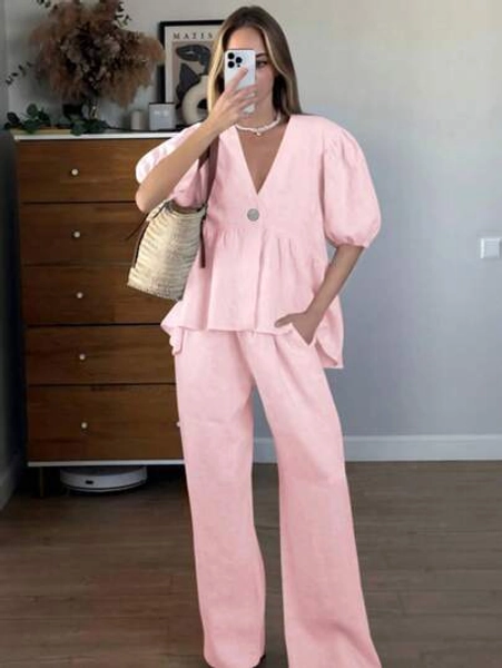 2pcs Women's Casual Elegant Outfit, Includes Bubble Lantern Sleeve V-Neck Top And Elastic Waist Pocket Pants, Lightweight Sheer Fabric, Suitable For Evening Date, Beach, Wedding, Garden, Street