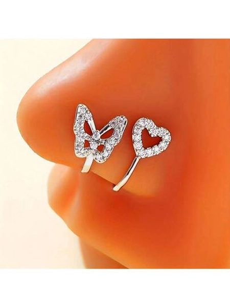 2 Pieces Of Fashionable And Elegant Copper Inlaid Zirconia Free Piercing Heart-Shaped Butterfly Nose Nail Nose Clip Fake Nose Ring Fake Piercing Jewelry Set Holiday Gift For Women