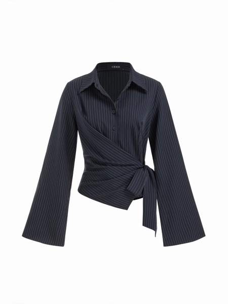 Collar Striped Wrap Side Knotted Bell Sleeve Blouse
