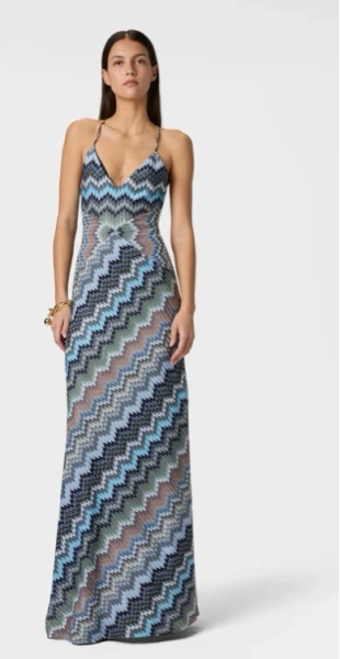 Long dress with crossed straps in chevron viscose
