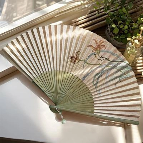Lily of the Valley Folding Fan - Nature-Inspired Handheld Bamboo Paper Fan, Portable Floral Fan for Meditation Calm, Boho Healing Gift