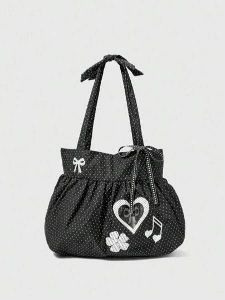 ROMWE Anime Black Cute Bow Retro Heart Shoulder Bag For Women Minimalist Polka Dot Summer Flower & Music Note Large Capacity Tote Bag, Fits Laptop, Suitable For Daily Commute