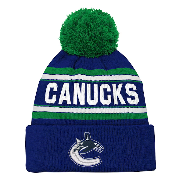 LEO: Youth Vancouver Canucks Outerstuff Blue Jacquard Cuffed Knit Hat with Pom
