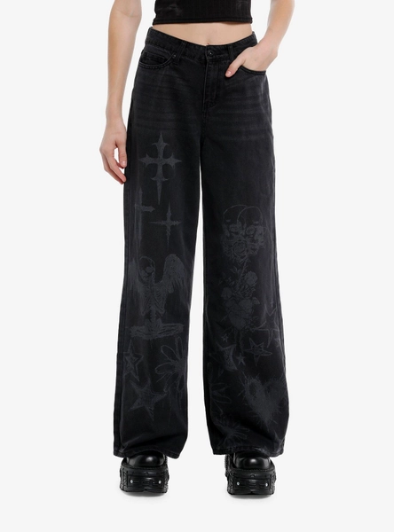 Social Collision Skull & Cross Hi-Rise Wide Leg Jeans