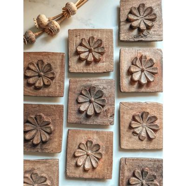 Vintage Indian Wooden Flower Carving