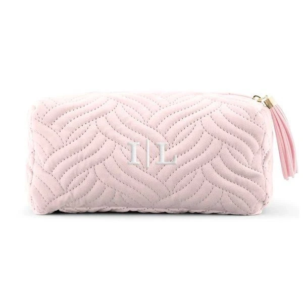 Velvet Quilted Makeup Bag-Baby Pink Metallic Gold