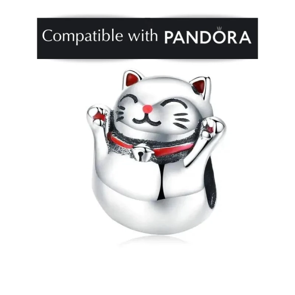 Maneki Neko Charm, Sterling Silver: Pandora Compatible Japanese Cat Pendant Jewelry for Bracelets, Necklaces