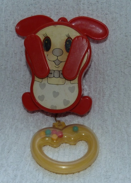 Vintage Tomy 1980s Musical Pull Cord Peek-A-Boo Rabbit Baby Toy Rattle