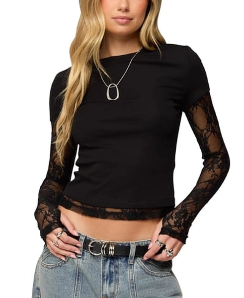 Edikted Layered Lace Sleeve T Shirt