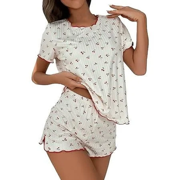 Breezora Women's Cherry Print Short Sleeve Pajama Set