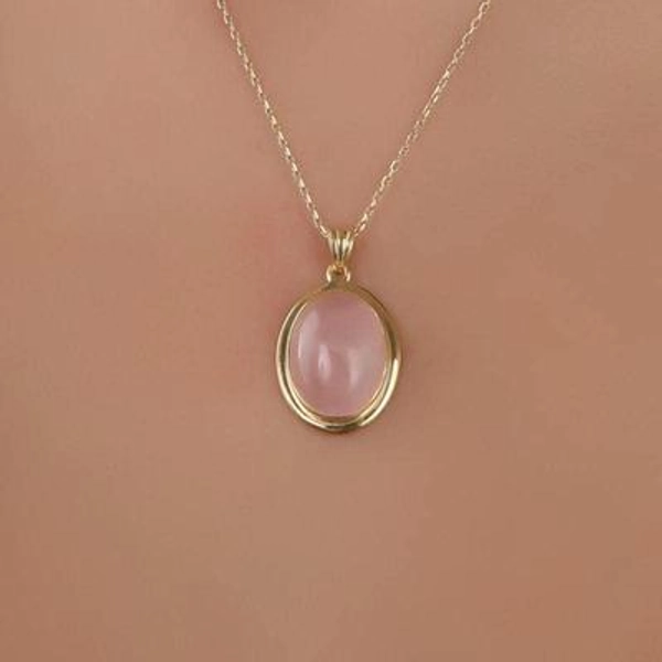 Rose Quartz 14K Gold Necklace, Oval Gemstone Pendant, Bridesmaid Gift