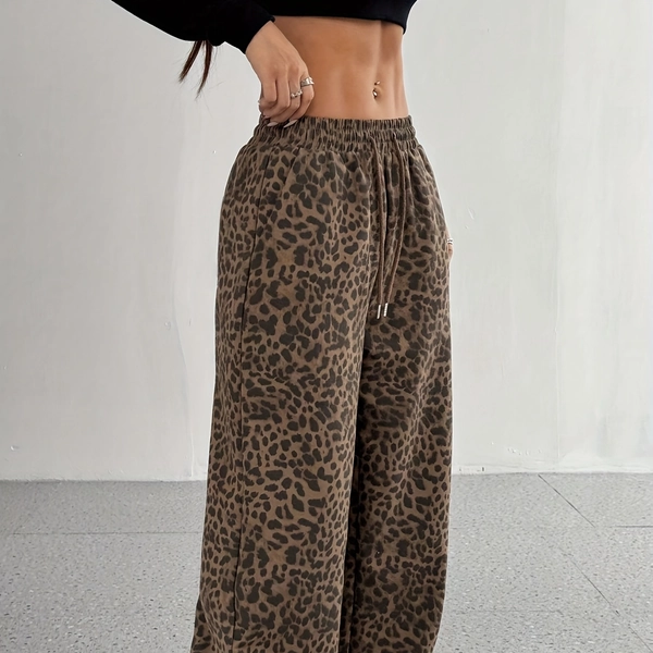 Women's Leopard Print Wide Leg Loose Fit Pants - High-Waisted Elastic Waistband, Stretch Comfort, All-Season Casual & Office Wear, Machine Washable, High Waist Pants