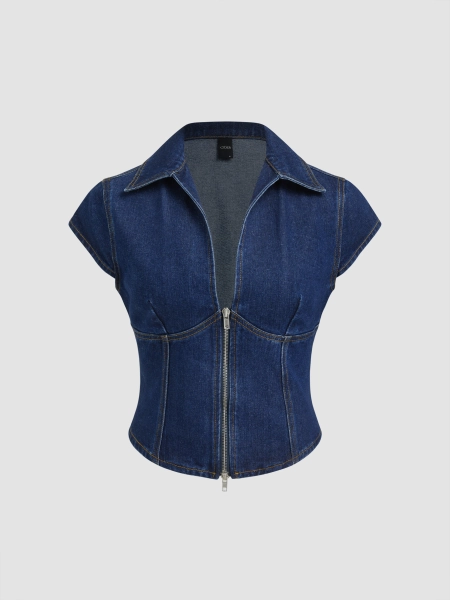 Denim Polo Neck Zip Through Blouse