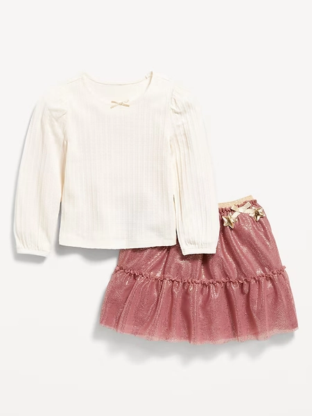 Long-Sleeve Pointelle Top and Tutu Skirt Set for Toddler Girls