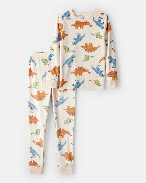 Boys Dinosaur Print DreamPlush Long-Sleeve Snug Fit 2-Piece Pajamas - Tan