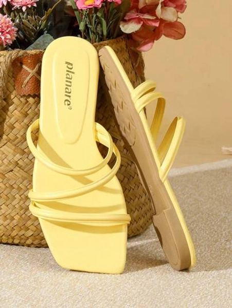 planare Women's Fashion Casual Vacation Style Square Toe Strap PU Open Toe Slip-On Comfortable Summer Yellow Flat Sandals