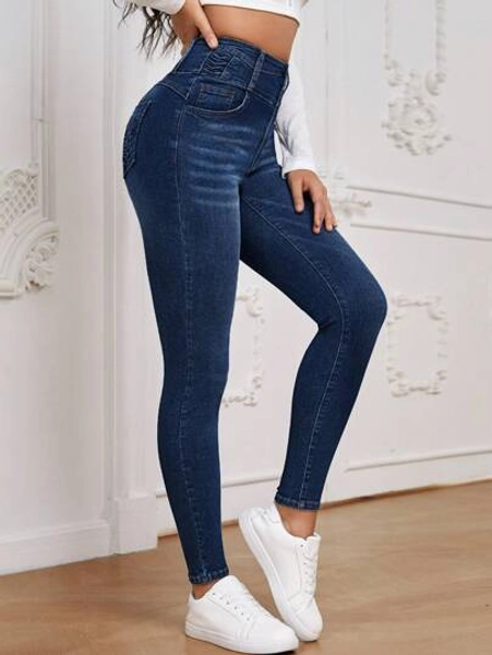 EMERY ROSE Solid Color Front Button Fitted Pockets Casual Versatile Jeans