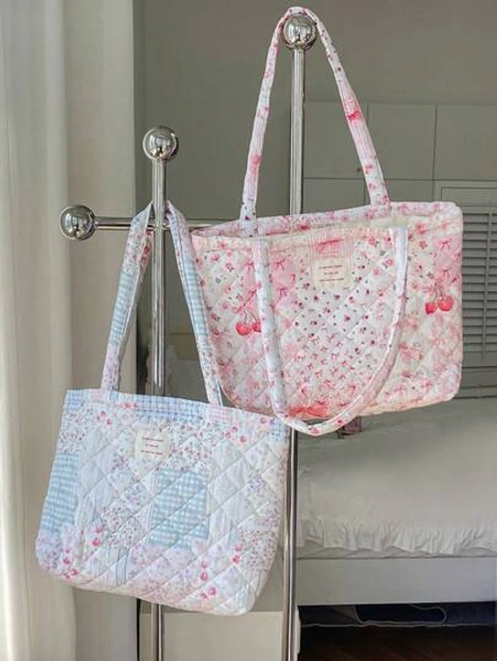 1 PC Pink Bowknot Floral Girls Elegant Casual Quilted One-Shoulder Tote Bag Portable Large Capacity Shopping Bag Mommy Bag,For Office Commuting Travel And Vacation Essentials Cosmetics Makeup Toiletry Storage Bag,For Mobile Phone,Wallet,Sanitary Napkins,Keys,Laptop Computer,Wired Earphones,Earpods,Headphones,Charger,Lipsticks,Perfume,Skin Care And Beauty Products,Friend Gift Holiday Gift