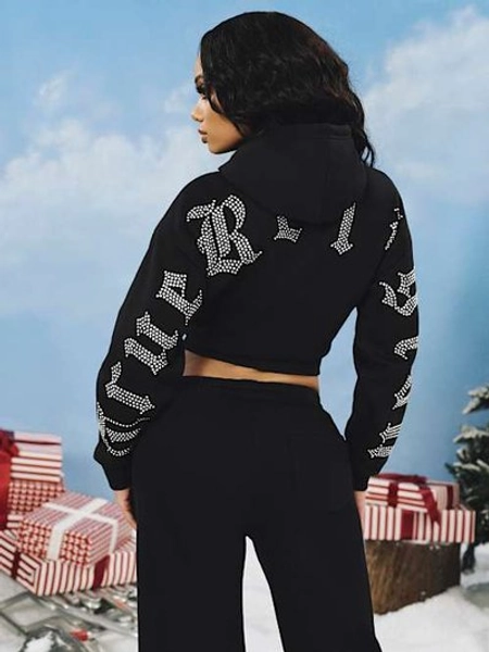 Women's Crystal Logo Shrunken Zip Hoodie | Black | Size XS | True Religion