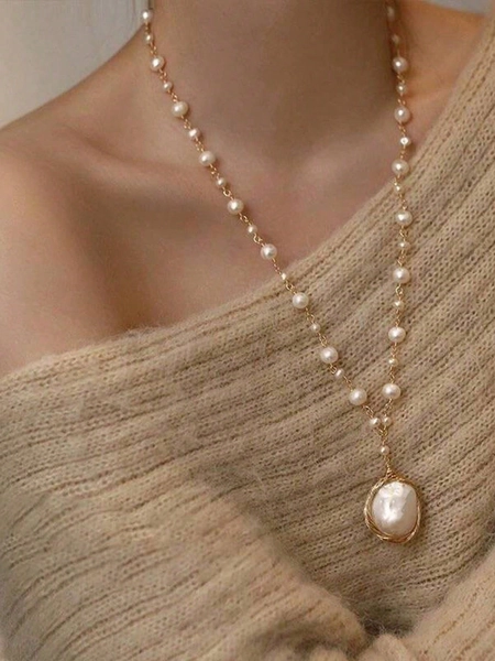 1pc Fashionable Elegant Long Asymmetrical Faux Pearl Pendant Necklace For Women, Handmade Woven Long Sweater Chain Lightweight (Pendant Shape Subject To Actual Product)