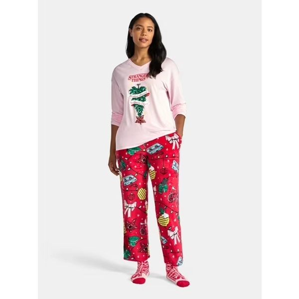 Netflix Stranger Things Women's and Women’s Plus Top, Pants and Socks Holiday Sleep Gift Set, 3-Piece, Sizes XS-3X