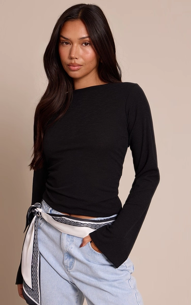 Black Rib Onion Skin Flare Long Sleeve Top | Tops | PLT USA