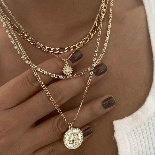 1pc Vintage Bohemian Punk Necklace for Women - Golden-Tone Chain Layered Jewelry with Sunburst Pendant & Accents, Durable Everyday Layered Necklace for Christmas, Birthday, Mother’s Day Gifts, Fashion Statement, Sparkling Accents
