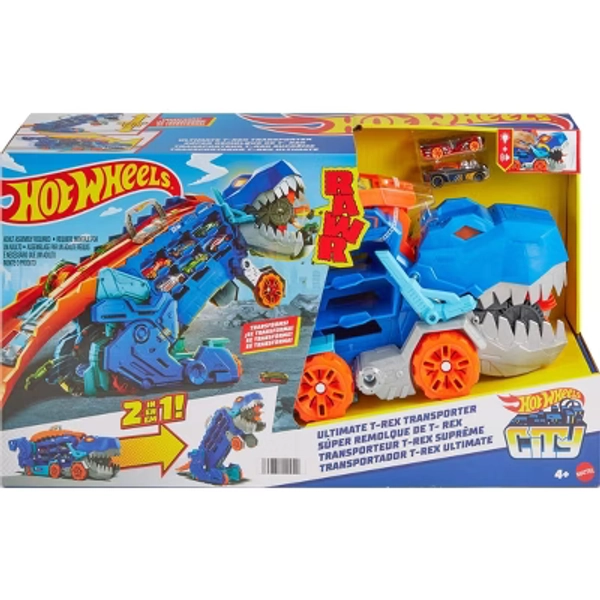 Hot Wheels City Ultimate T-Rex Transporter Hauler Transforms into a Dino Featured in Lets Race